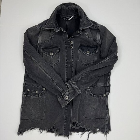 Free People Moonchild Denim Shirt Jacket Distressed Size XS Oversized Moondust - Picture 10 of 14